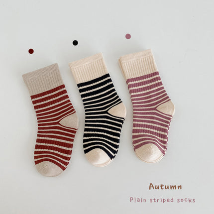 Wholesale 3 Pairs Kids Autumn Striped Mid-calf Cotton Socks