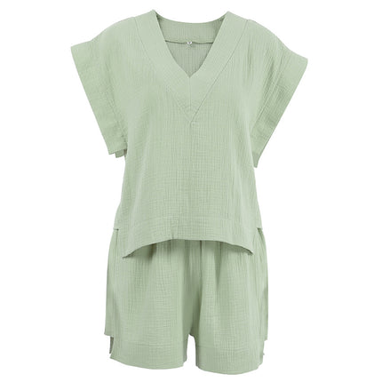 Wholesale Ladies Summer Cotton Short Sleeve Blouse Shorts Two-Piece Set