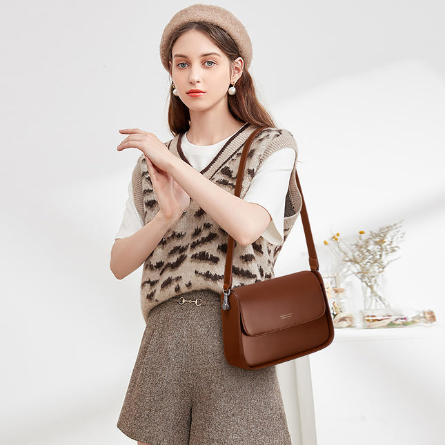 Women's Autumn and Winter Textured Saddle Bag Genuine Leather Crossbody Bag 