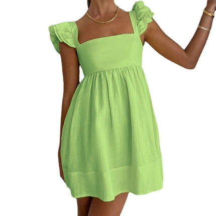 Wholesale Ladies Green Square Neck Waist Mini Dress Summer Fly Sleeve Short Dress