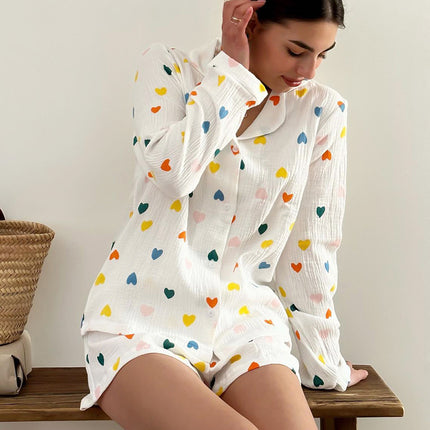 Wholesale Women's Autumn Comfortable Casual Love Print Long Sleeve Shirt Shorts Two Piece Set