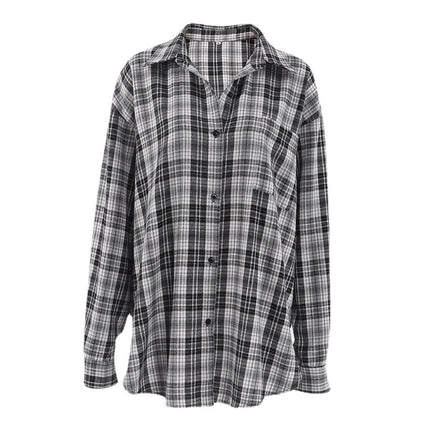 Ladies Fall Winter Casual Pocket Lapel Long Sleeve Neutral Check Shirt
