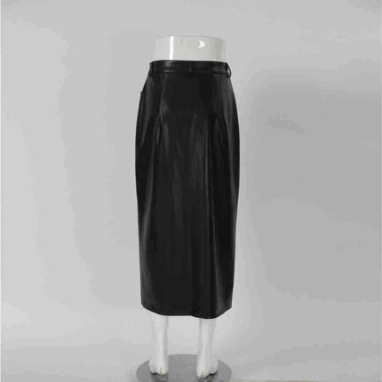 Women's Autumn and Winter Sexy Slit Black Leather High Waist Straight Midi Skirt