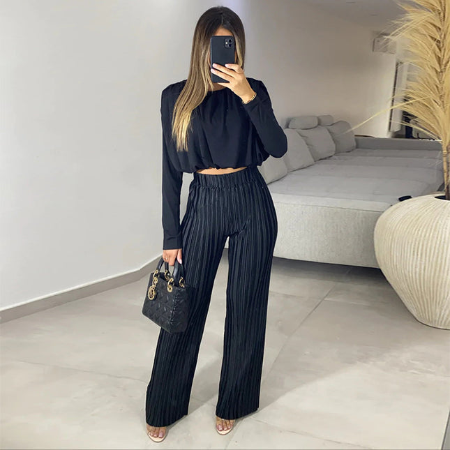 Wholesale Spring Round Neck Cropped Long Sleeve Shirt Pressed Pleated High Waist Trousers Two-Piece Set