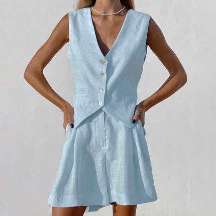 Wholesale Ladies Summer Cotton Blazer Vest Shorts Two Piece Set