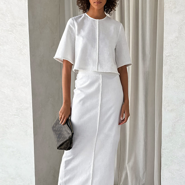 Wholesale Ladies Summer Slim Cotton Linen Solid Color Tassel Slit Fashion Casual Two-piece Set