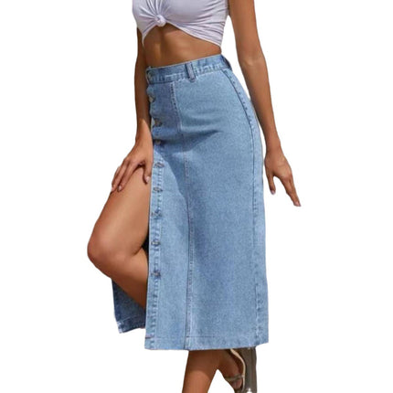 Wholesale Women's High-waist Washed Fashionable Denim Slit Multi-button Skirt