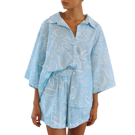 Wholesale Women's Summer Comfortable Casual Fashion Printed Shirt Loose Wide Leg Shorts Two Piece Set