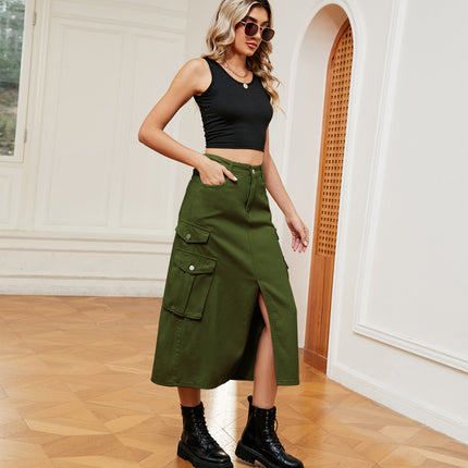 Wholesale Women's Elastic Waist Denim Workwear Casual Midi Skirt