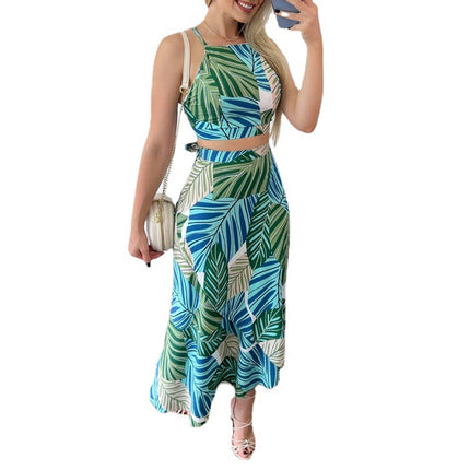 Wholesale Women's Summer Casual Printed Short Tethered Vest High Waist Skirt Two-Piece Set