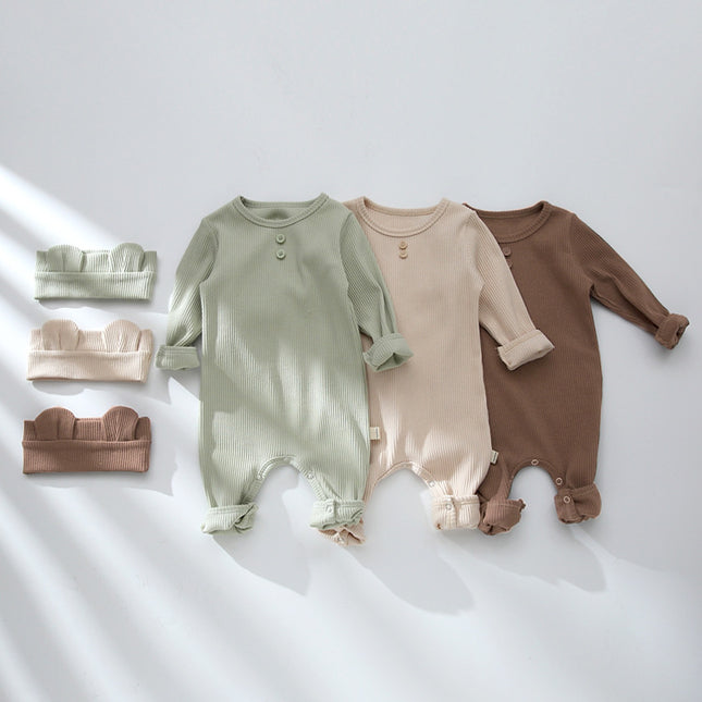 Baby Fall Cotton Long-sleeved Romper Babygrow Hairband Set
