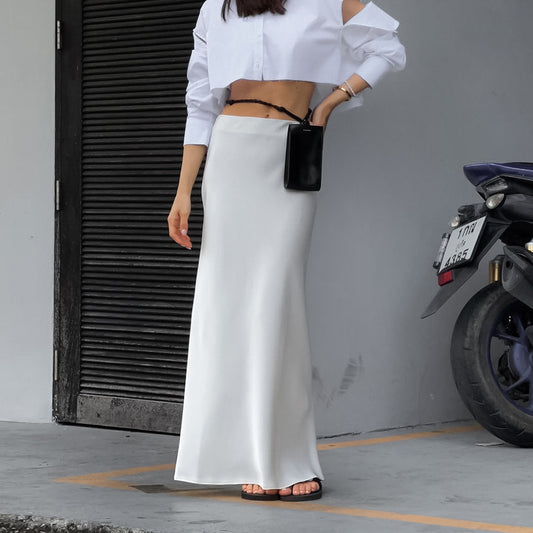 Wholesale Ladies White High Waist Slim Bag Hip Slit Skirt Women's Summer Long Skirt
