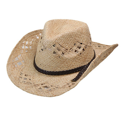 Raffia Hand-knitted Western Cowboy Hat with Breathable Sunshade and Flip-up Straw Hat 