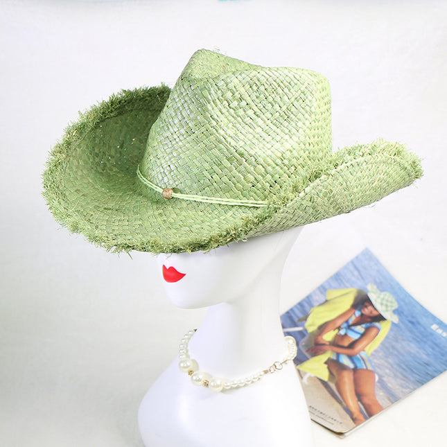 Wholesale Green Raffia Hand-woven Raw Edge Western Cowboy Hat Freeform Straw Hat 