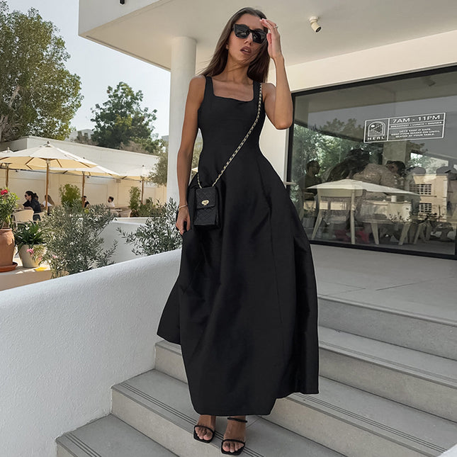 Wholesale Ladies Summer Simple Black Maxi Dress Women's High Waist Camisole Dress
