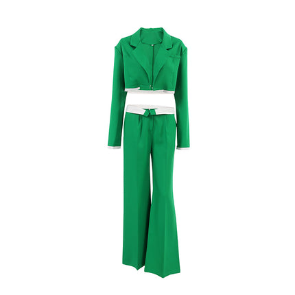 Women's Fall Winter Green Sexy Buttonless Navel Cropped Top and Wide Leg Pants Suit