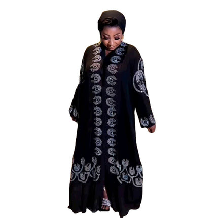 Wholesale African  V-neck Front and Back Rhinestone Bell Sleeves Dress Robe