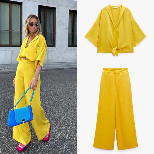Wholesale Women's Summer Loose Knotted Shirts Pants Two-piece Set