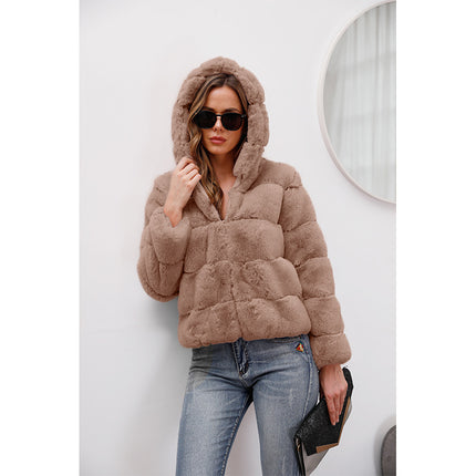 Wholesale Ladies Solid Color Loose Hooded Warm Short Faux Fur Coat