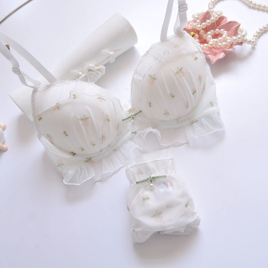 Cute Push-up Sexy Water-soluble Embroidered Thin Cup Bra Set for Girls
