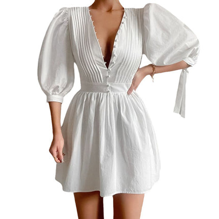 Wholesale Women's Summer Buttoned V-Neck Front Shoulder Puff Sleeve Waist White Dress
