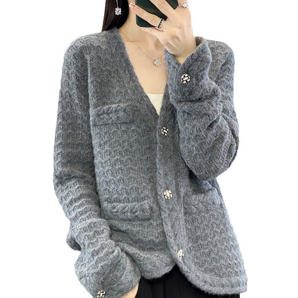 Wholesale Women's Fall Winter V-neck Twist Loose Wool Cardigan Sweater