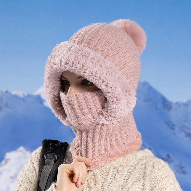 Women's Winter Cycling Windproof Plus Velvet Warm Knitted Hat, Neck Scarf and Mask Integrated Hat