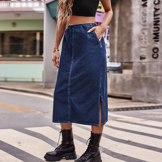 Wholesale Women's Semi-elastic Waist Drawstring Denim Midi Skirt