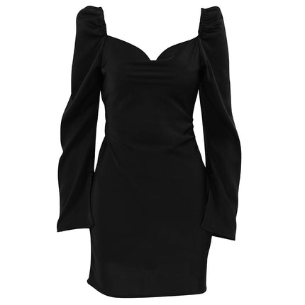 Wholesale Ladies Summer Sexy Satin Black Mini Dress Women's Long Sleeve Dress