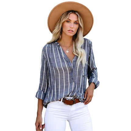 Wholesale Autumn Ladies Striped Shirt Single Breasted Long Sleeve