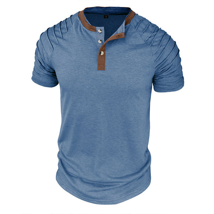 Wholesale Men's Summer Short Sleeve T-Shirt Henley Color Block Top