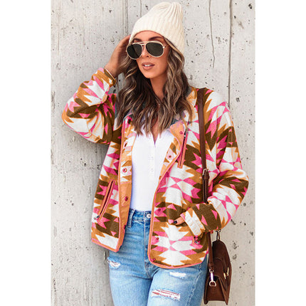Wholesale Women's Winter Printed Color Block Fleece Long Sleeve Jacket
