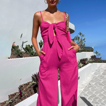 Wholesale Summer Cotton Linen Jumpsuit Suspenders Bow Fashion Ladies Clothes