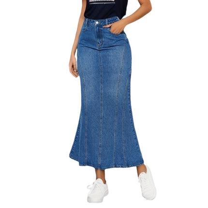Wholesale Women's Fishtail Skirt Washed Maxi Denim Stretch Skirt