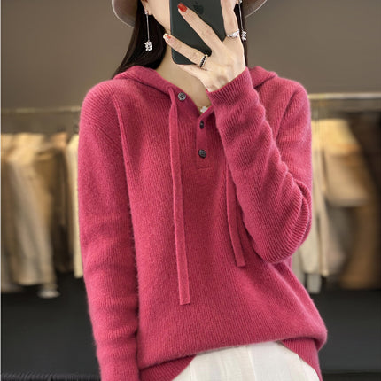 Wholesale Women's Casual Loose Pullover Solid Color Hooded 100% Wool Sweater