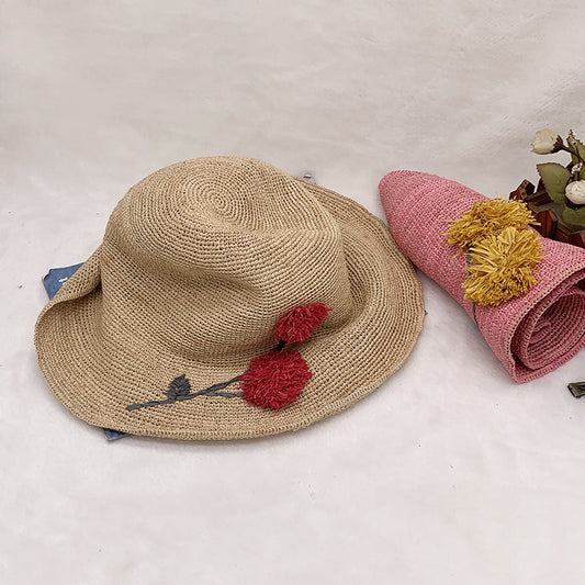 Wholesale Embroidered Raffia Sun Hat Sunshade Straw Spring Summer Foldable Sun Hat 