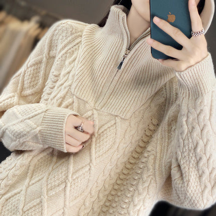 Women's Half-zip Stand Collar Cable High Collar Mid Length Wool Knitted Dress