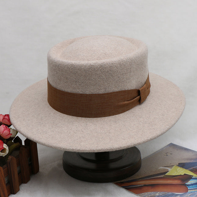 Women's Fall Winter Wool Flat Top Hat British Retro Wide Brim Woolen White Jazz Hat