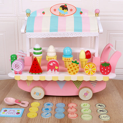 Children's Wooden Ice Cream Trolley Play Girl Mini Ice Cream Cart Toy Car Popsicle Sales Cart