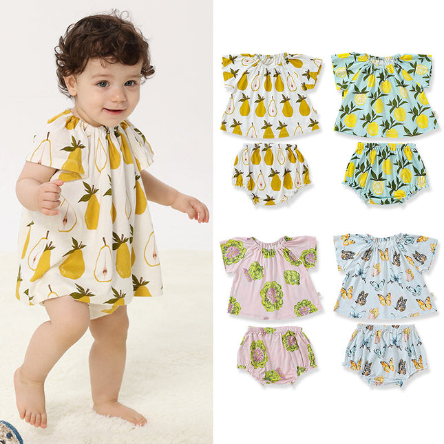 Wholesale Infant Baby Girl Short-sleeved Dress Shorts Two-piece Set