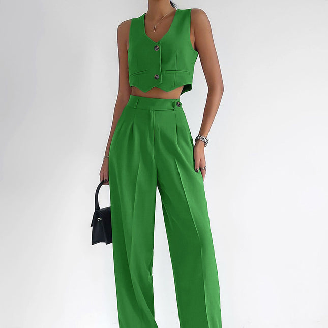 Wholesale Ladies Spring Summer Casual Solid Color Slim Cotton Linen Blazer Vest Pants Set