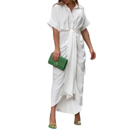 Wholesale Women's Lapel Mid Length Short Sleeves Single Breasted High Waist Shirt Dress