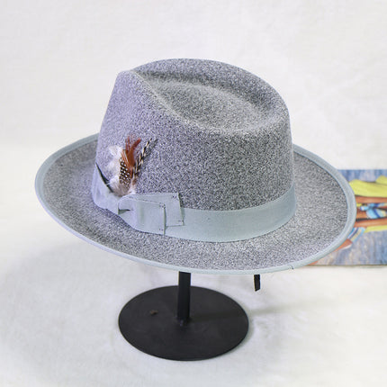 Men's Heather Gray Jazz Hat To Keep Warm in Fall Winter Feather