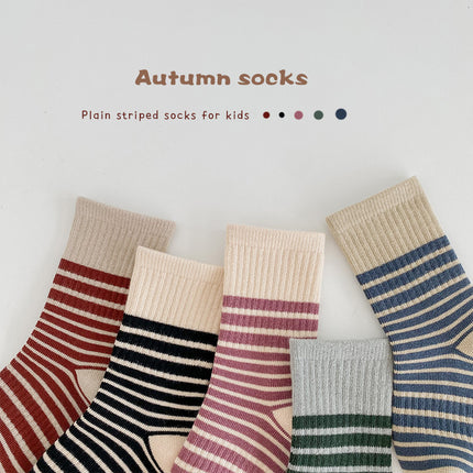 Wholesale 3 Pairs Kids Autumn Striped Mid-calf Cotton Socks