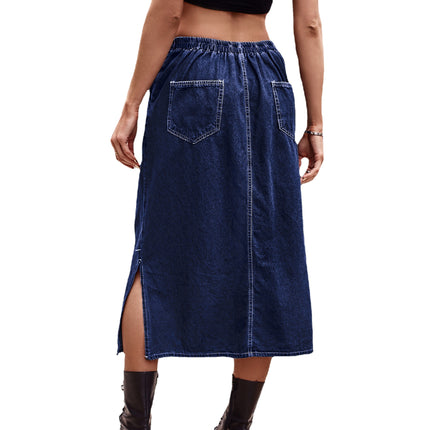 Wholesale Women's Semi-elastic Waist Drawstring Denim Midi Skirt