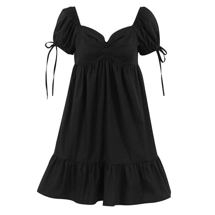 Wholesale Women's Summer Backless French Cotton Short Sleeve Black A-Line Mini Dress