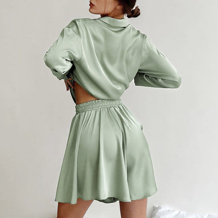 Wholesale Women's Autumn Loose Comfortable Shirt Collar Long-sleeved Shirt High Waist Wide Leg Shorts Two-piece Set