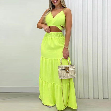 Wholesale Plus Size Ladies Summer Lace-up Vest High Waist  Big Hem Long Skirt Set