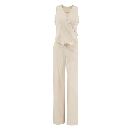 Wholesale Women's Autumn Cotton Linen Simple Suit Vest High Waist Straight Leg Pants Two Piece Set