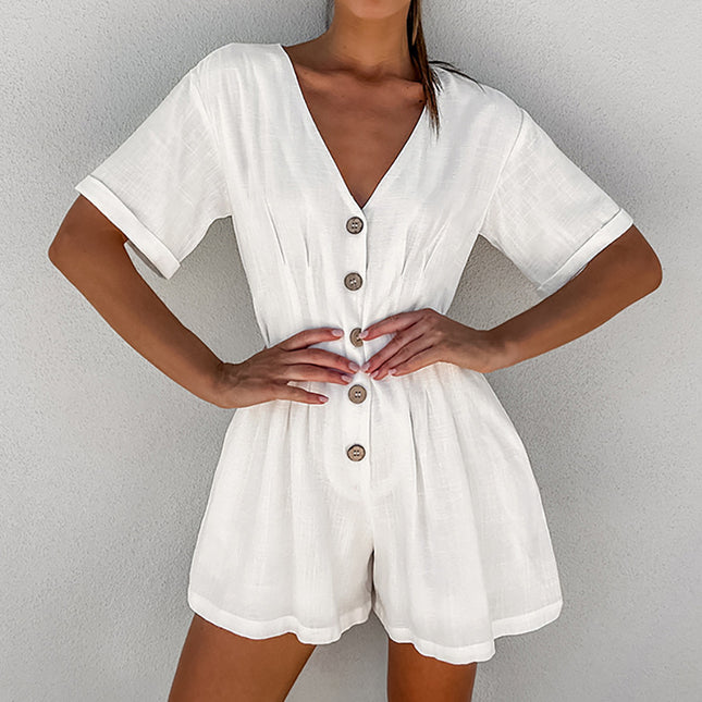Wholesale Women's Summer V-Neck Button Waist Loose Casual Jumpsuit